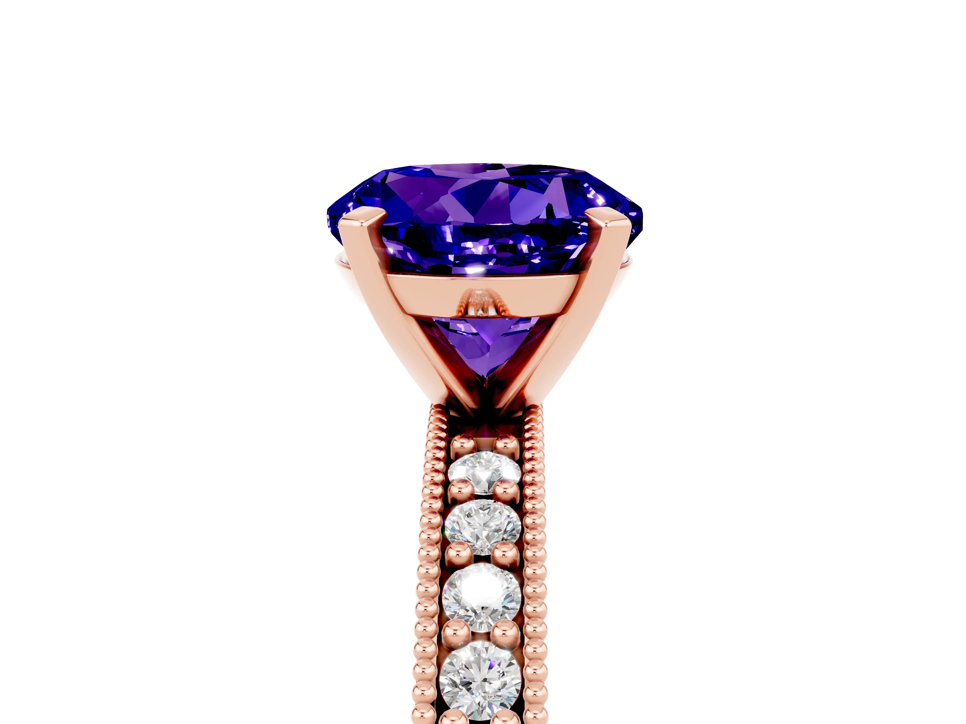 Rose gold Round Cut Tanzanite Milgrain Pavé Engagement Ring with Four-Prong Setting_5