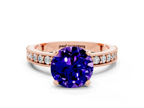 Rose gold Round Cut Tanzanite Milgrain Pavé Engagement Ring with Four-Prong Setting