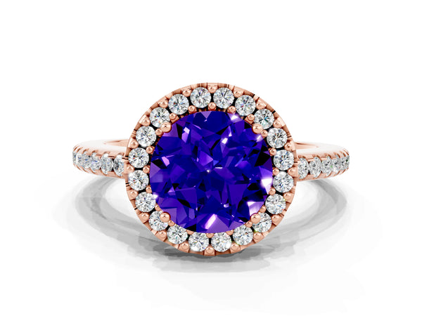 Rose gold Round Cut Tanzanite Pavé Halo Ring with Four-Prong Setting