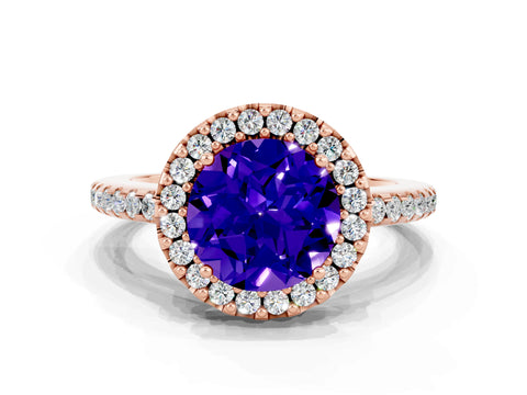 Rose gold Round Cut Tanzanite Pavé Halo Ring with Four-Prong Setting_12