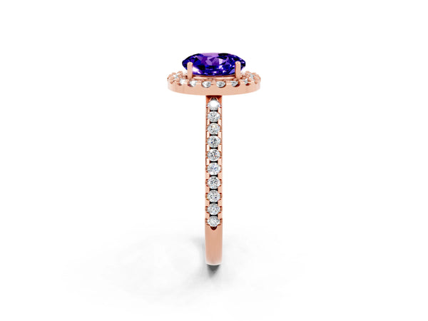 Rose gold Round Cut Tanzanite Pavé Halo Ring with Four-Prong Setting