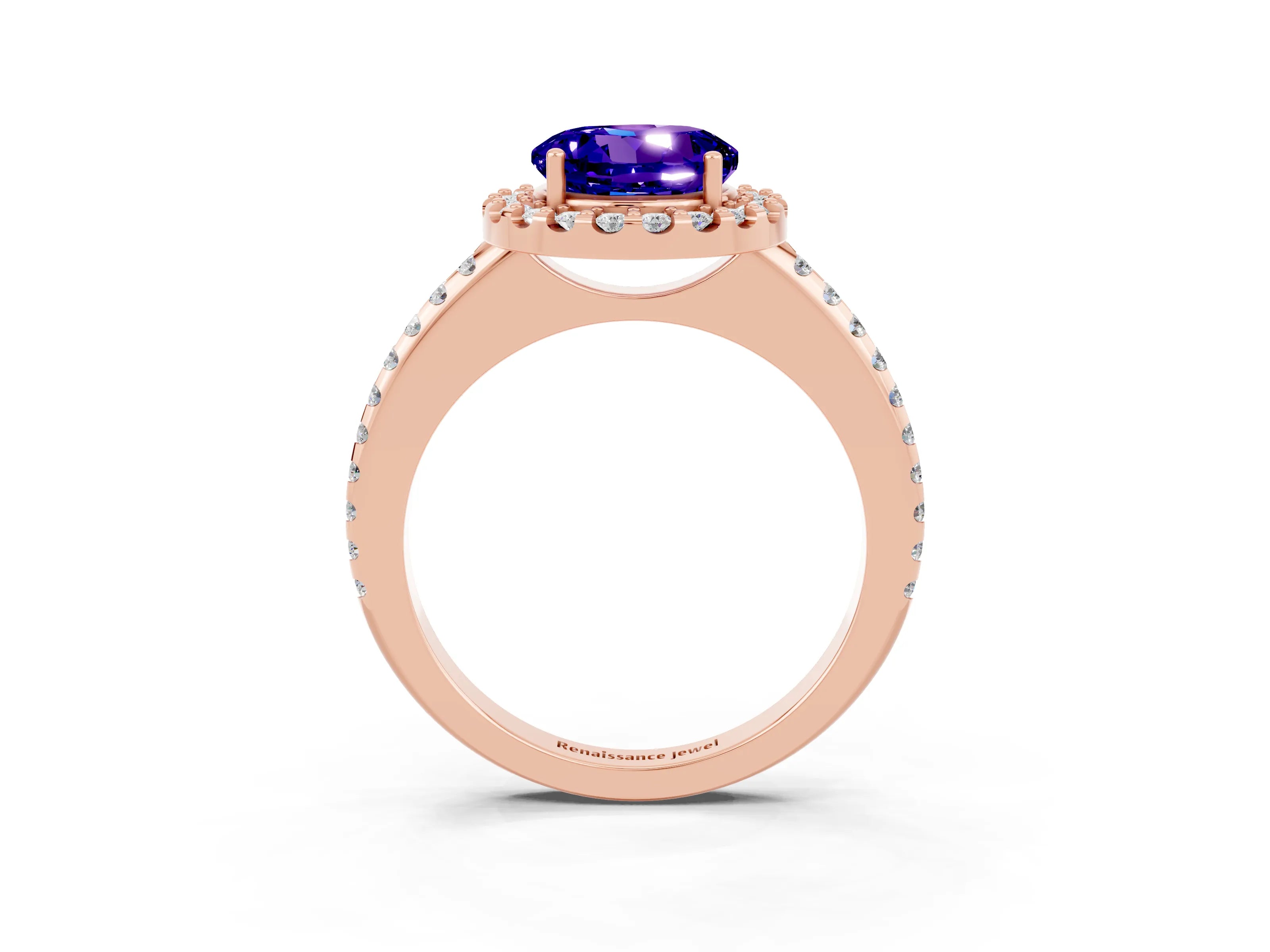 Rose gold Round Cut Tanzanite Pavé Halo Ring with Four-Prong Setting_15