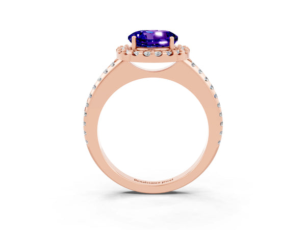 Rose gold Round Cut Tanzanite Pavé Halo Ring with Four-Prong Setting