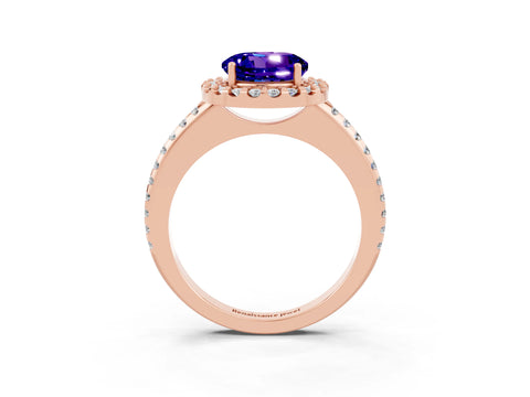 Rose gold Round Cut Tanzanite Pavé Halo Ring with Four-Prong Setting_15