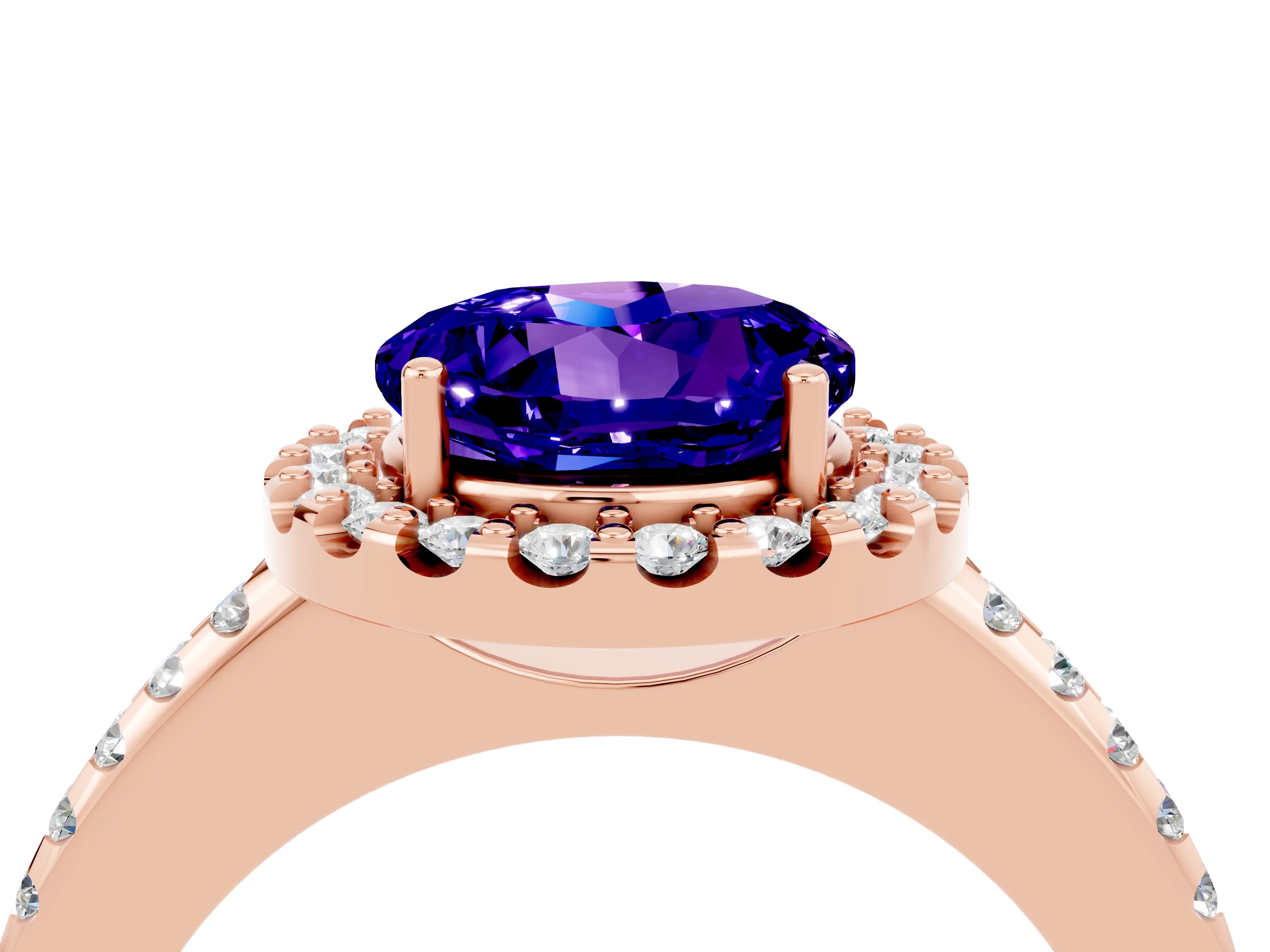 Rose gold Round Cut Tanzanite Pavé Halo Ring with Four-Prong Setting_16