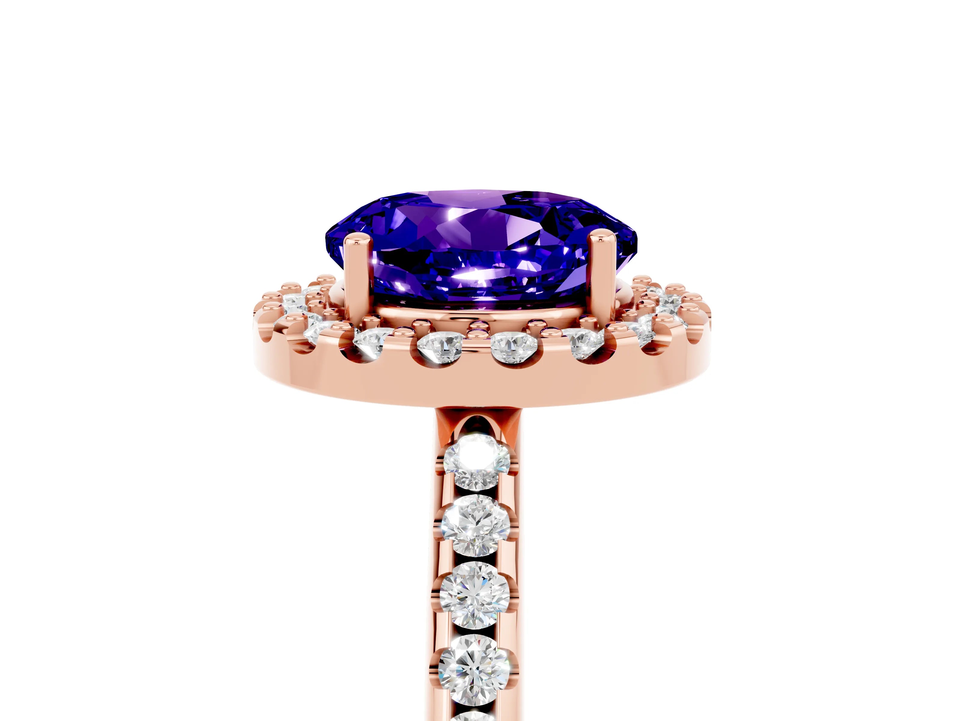 Rose gold Round Cut Tanzanite Pavé Halo Ring with Four-Prong Setting_17