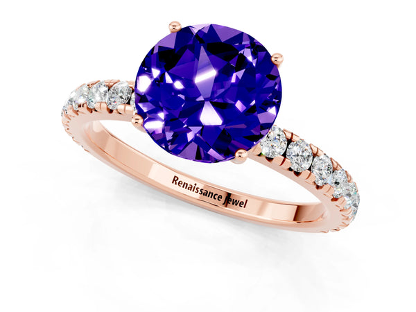 Rose gold Round Cut Tanzanite Pavé Solitaire Engagement Ring with Four-Prong Setting