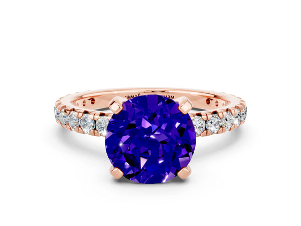 Rose gold Round Cut Tanzanite Pavé Solitaire Ring with Round Band and Prong Setting