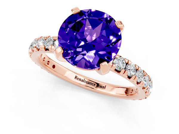 Rose gold Round Cut Tanzanite Pavé Solitaire Ring with Round Band and Prong Setting