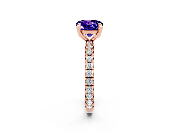 Rose gold Round Cut Tanzanite Pavé Solitaire Ring with Round Band and Prong Setting