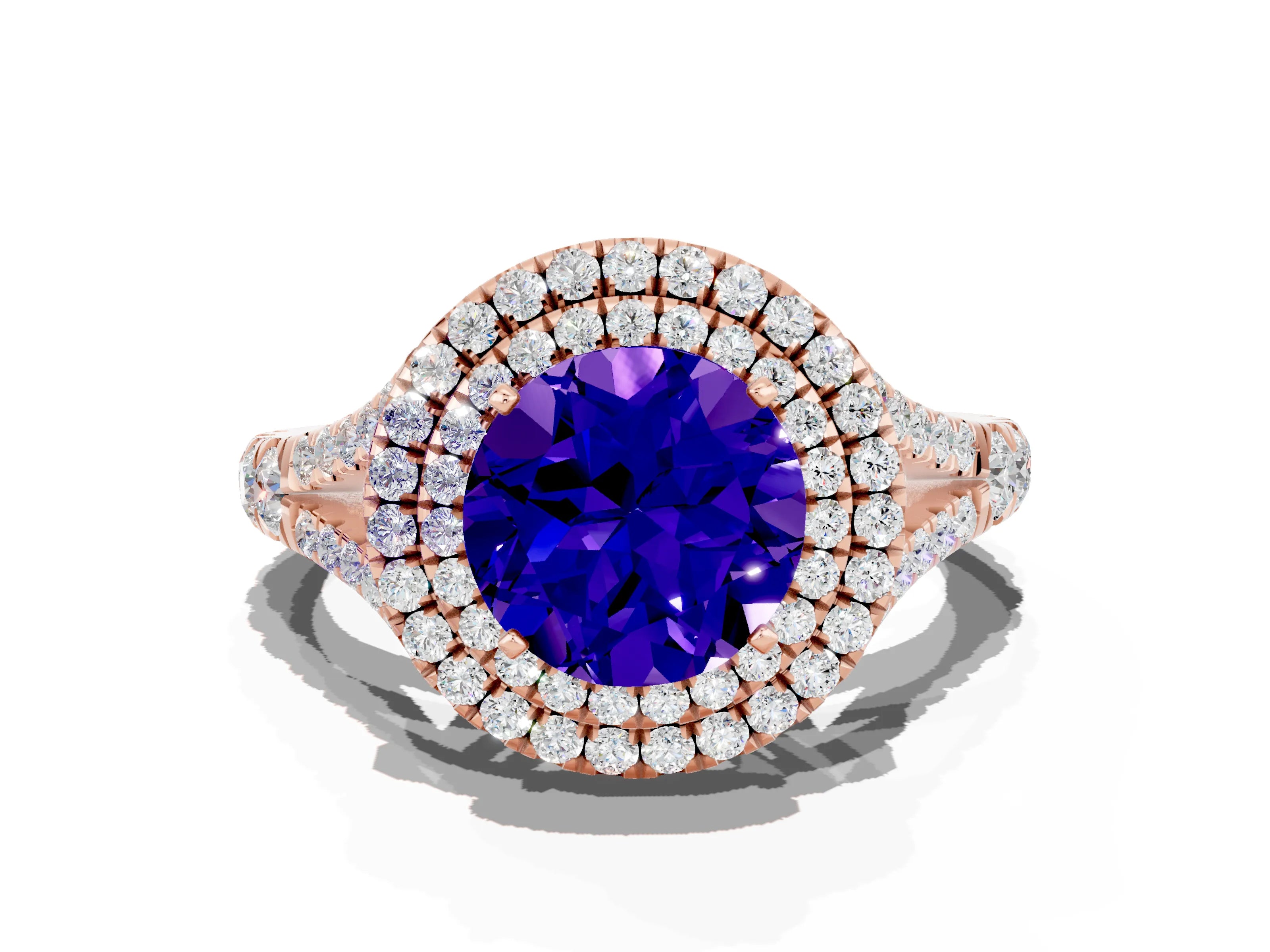 Rose gold Round Cut Tanzanite Pavé Split Shank Double Halo Engagement Ring