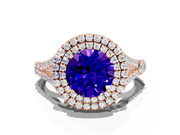 Rose gold Round Cut Tanzanite Pavé Split Shank Double Halo Engagement Ring