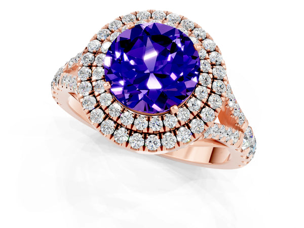 Rose gold Round Cut Tanzanite Pavé Split Shank Double Halo Engagement Ring