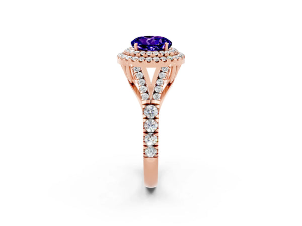 Rose gold Round Cut Tanzanite Pavé Split Shank Double Halo Engagement Ring
