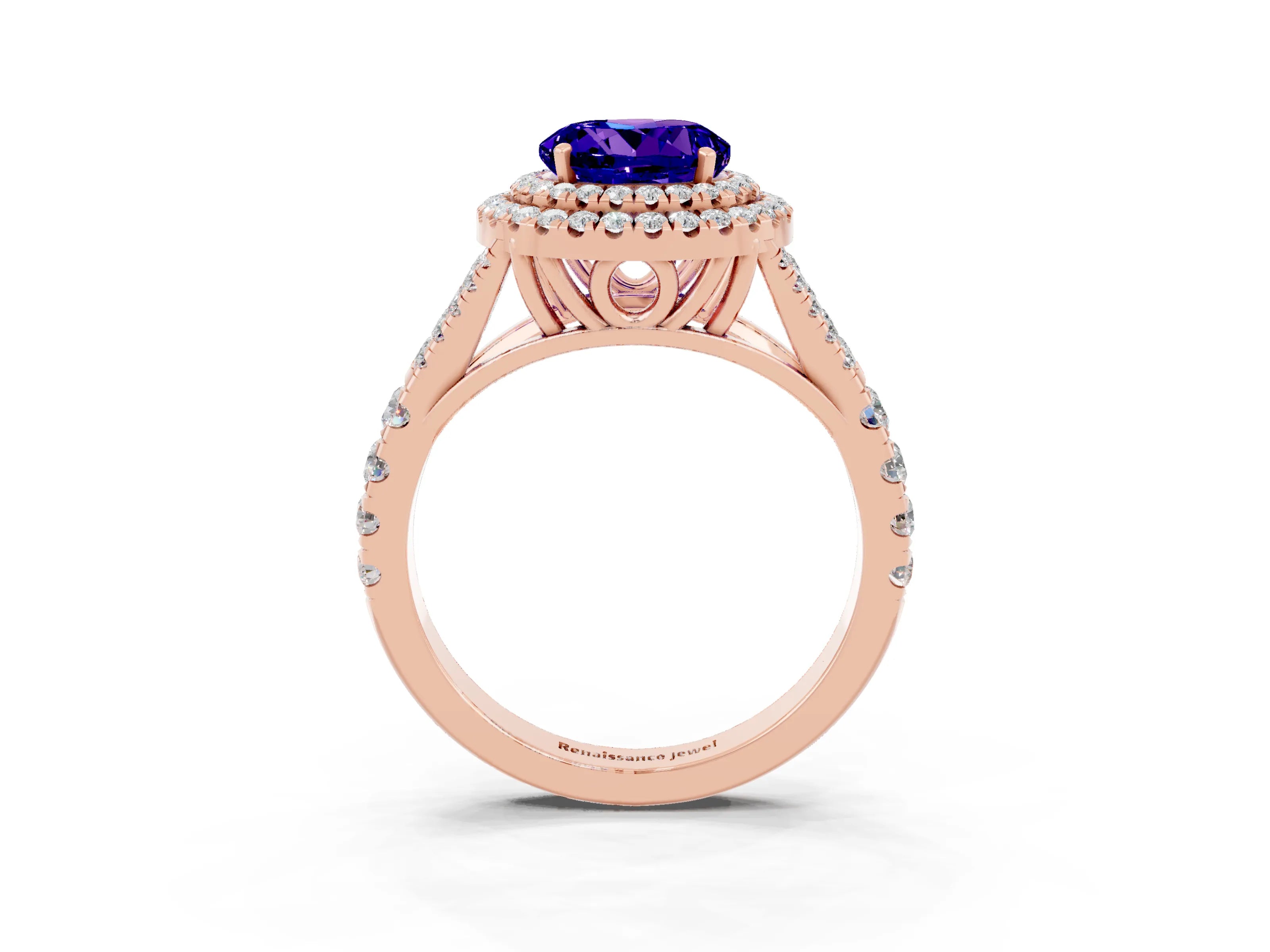 Rose gold Round Cut Tanzanite Pavé Split Shank Double Halo Engagement Ring_3