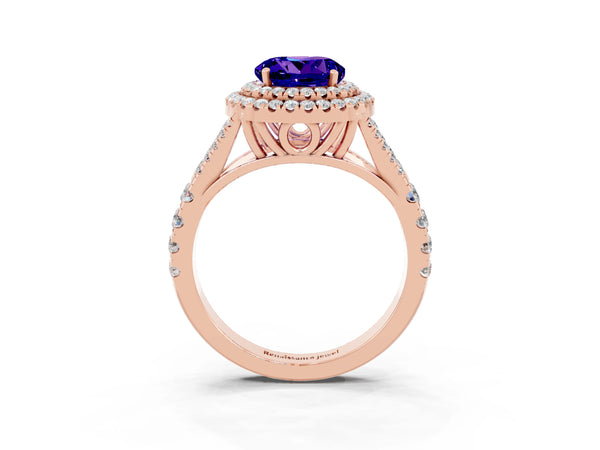Rose gold Round Cut Tanzanite Pavé Split Shank Double Halo Engagement Ring
