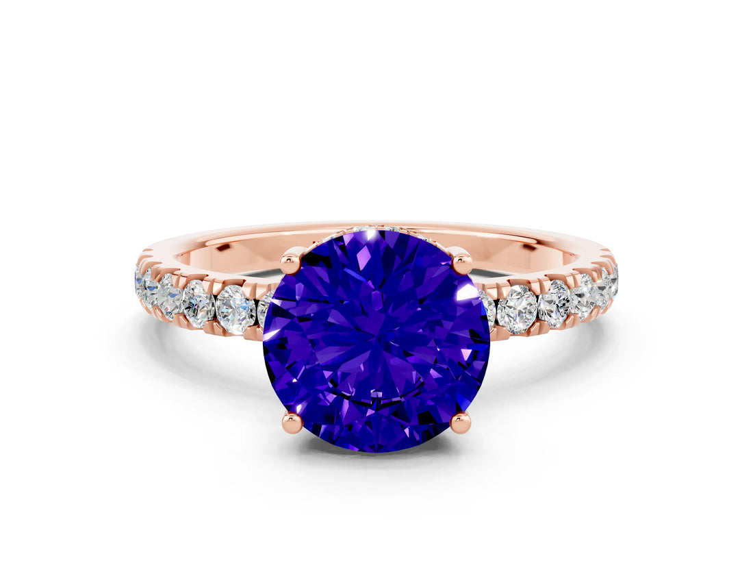 Rose gold Round Cut Tanzanite Pave Band Solitaire Ring with Four-Prong Setting_24