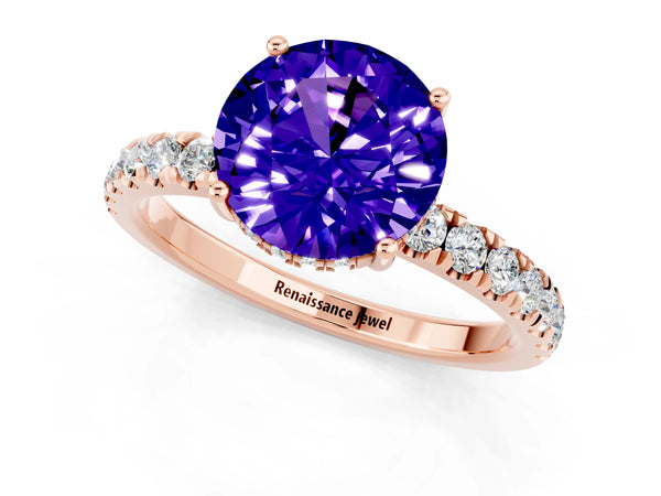 Rose gold Round Cut Tanzanite Pave Band Solitaire Ring with Round  and Prong Setting
