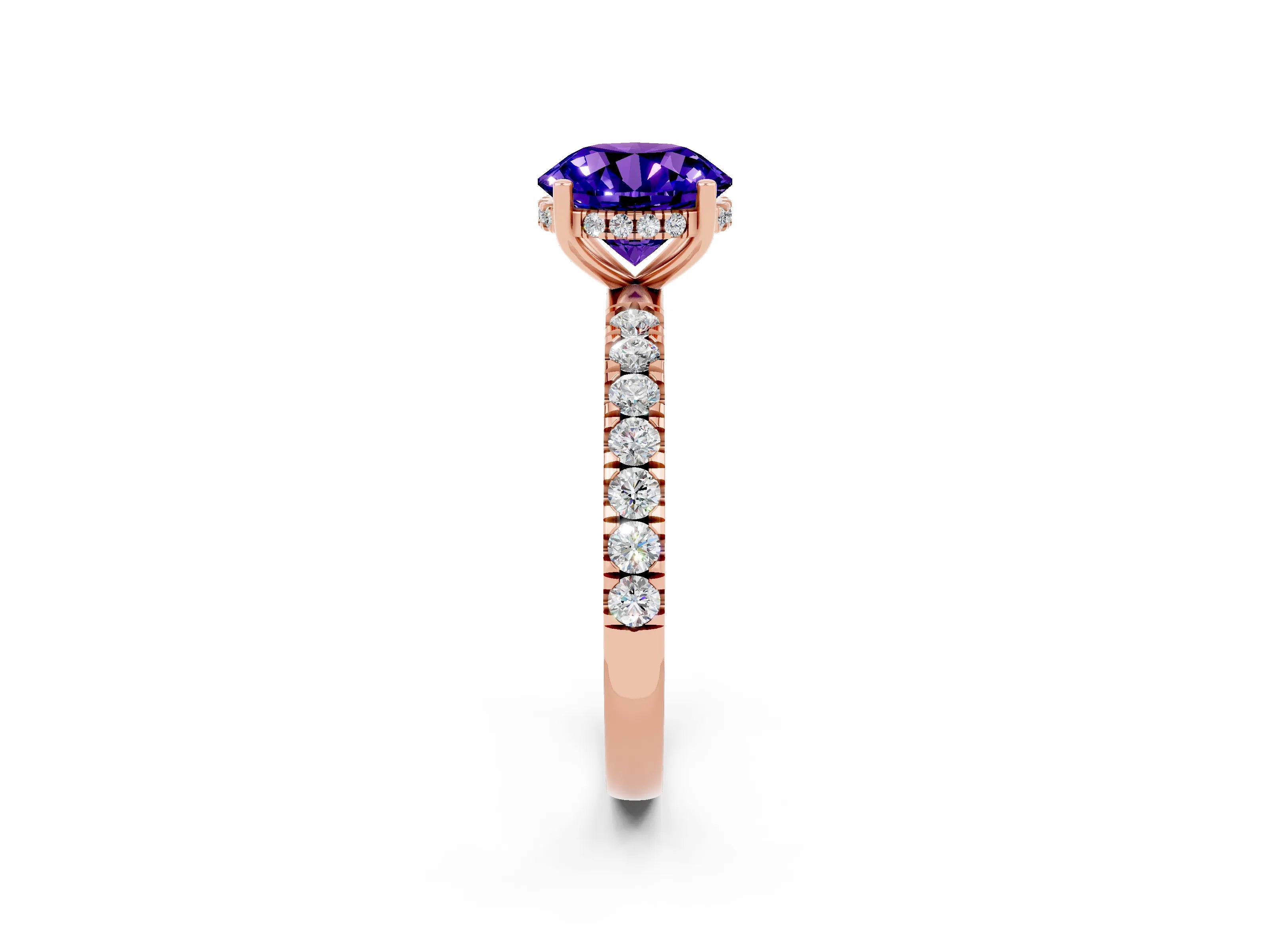Rose gold Round Cut Tanzanite Pave Band Solitaire Ring with Four-Prong Setting_26