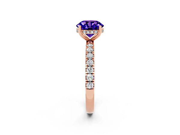 Rose gold Round Cut Tanzanite Pave Band Solitaire Ring with Round  and Prong Setting