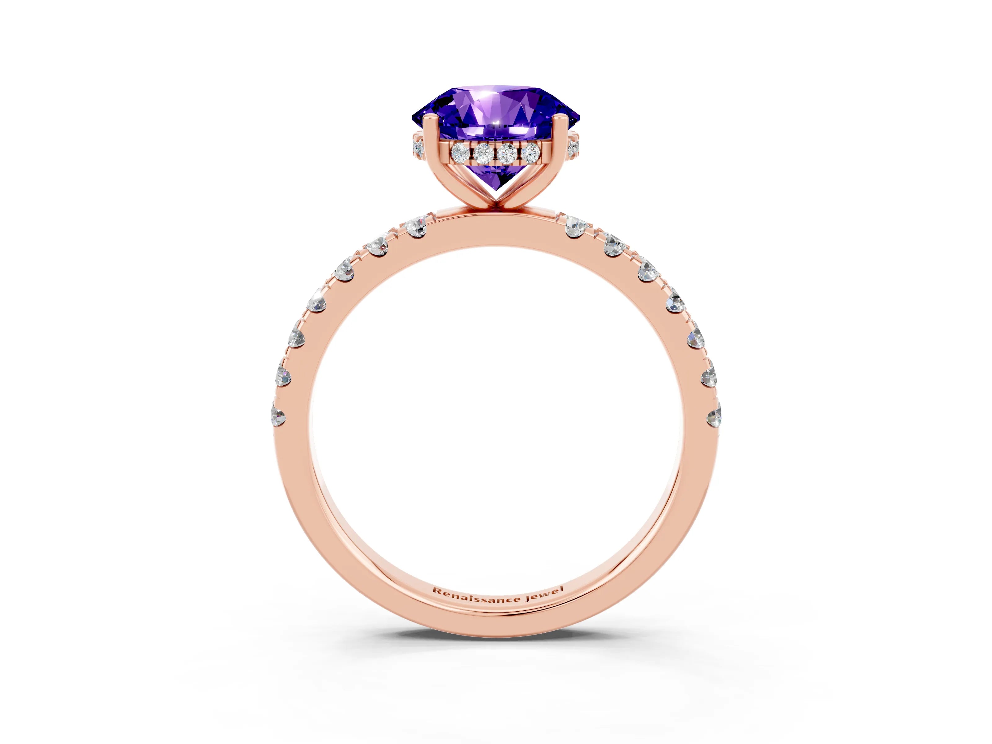 Rose gold Round Cut Tanzanite Pave Band Solitaire Ring with Four-Prong Setting_27