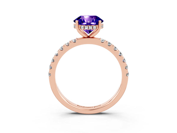 Rose gold Round Cut Tanzanite Pave Band Solitaire Ring with Round  and Prong Setting