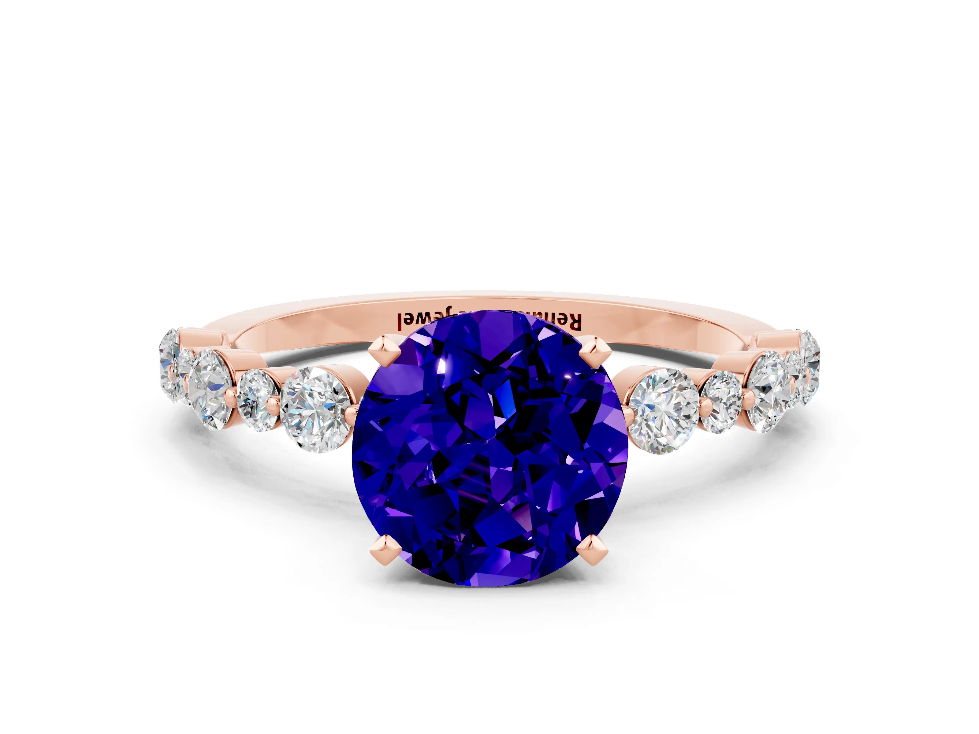 Rose gold Round Cut Tanzanite Prong Set Engagement Ring with Pavé Band