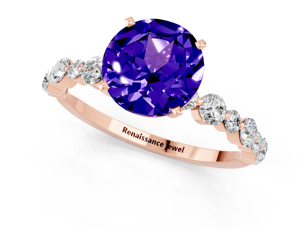 Rose gold Round Cut Tanzanite Prong Set Engagement Ring with Pavé Band