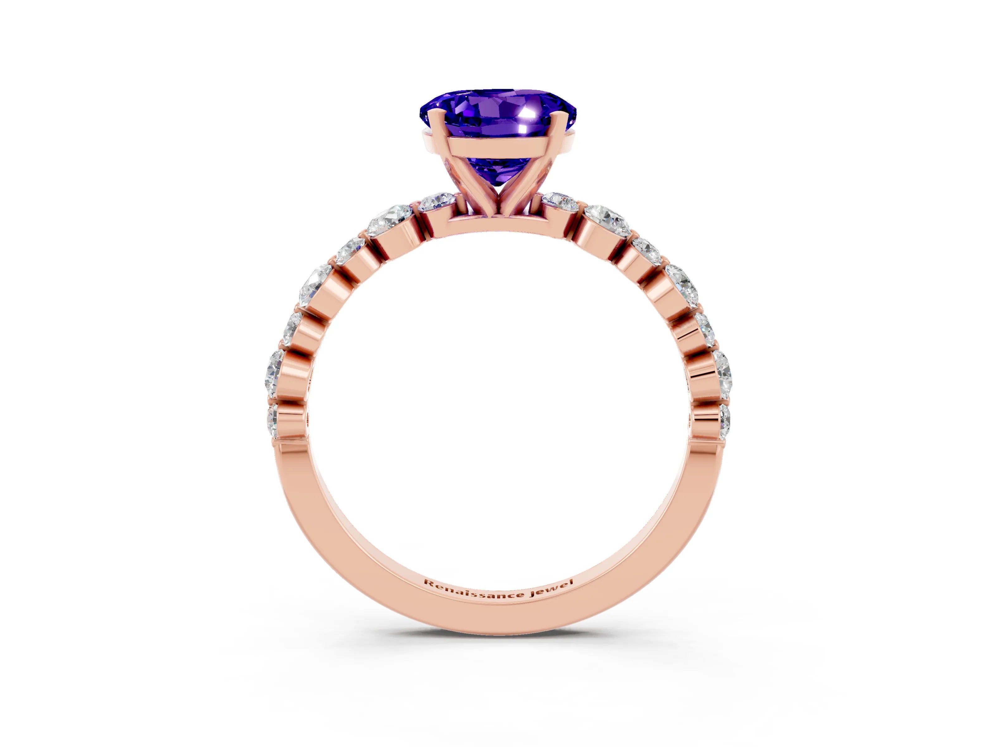 Rose gold Round Cut Tanzanite Prong Set Engagement Ring with Pavé Band_3