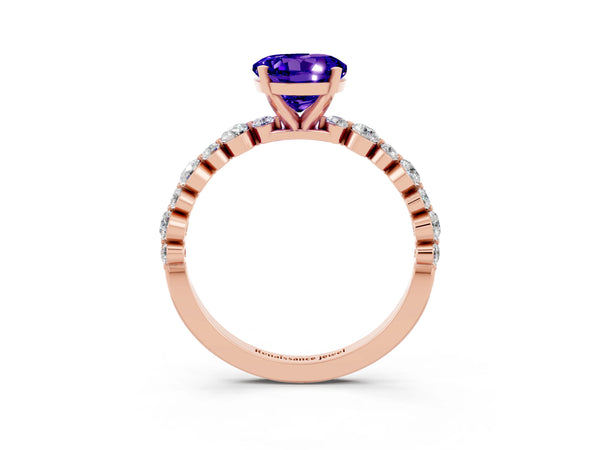 Rose gold Round Cut Tanzanite Prong Set Engagement Ring with Pavé Band