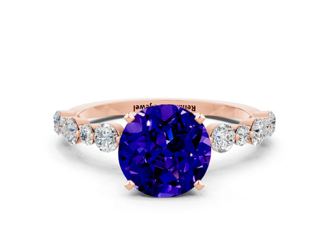 Rose gold Round Cut Tanzanite Prong Set Engagement Ring with Pavé Band