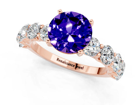 Rose gold Round Cut Tanzanite Prong Setting with Side Stones on a Pave Band_1