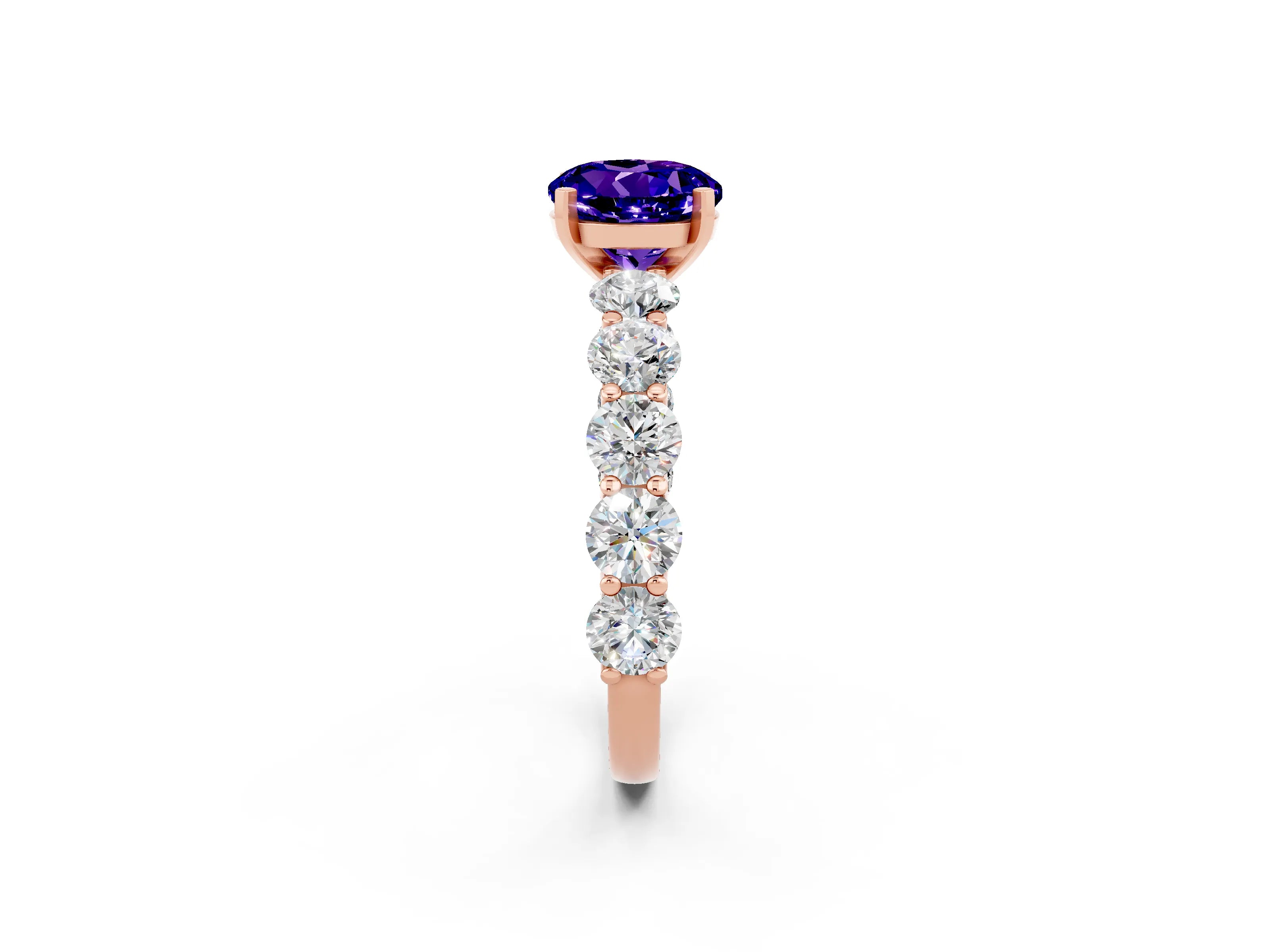 Rose gold Round Cut Tanzanite Prong Setting with Side Stones on a Pave Band_2