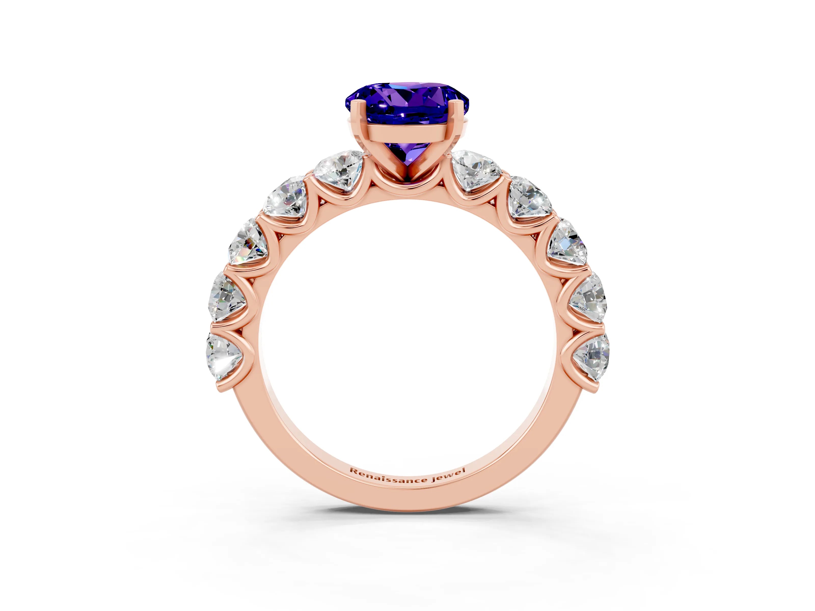 Rose gold Round Cut Tanzanite Prong Setting with Side Stones on a Pave Band_3