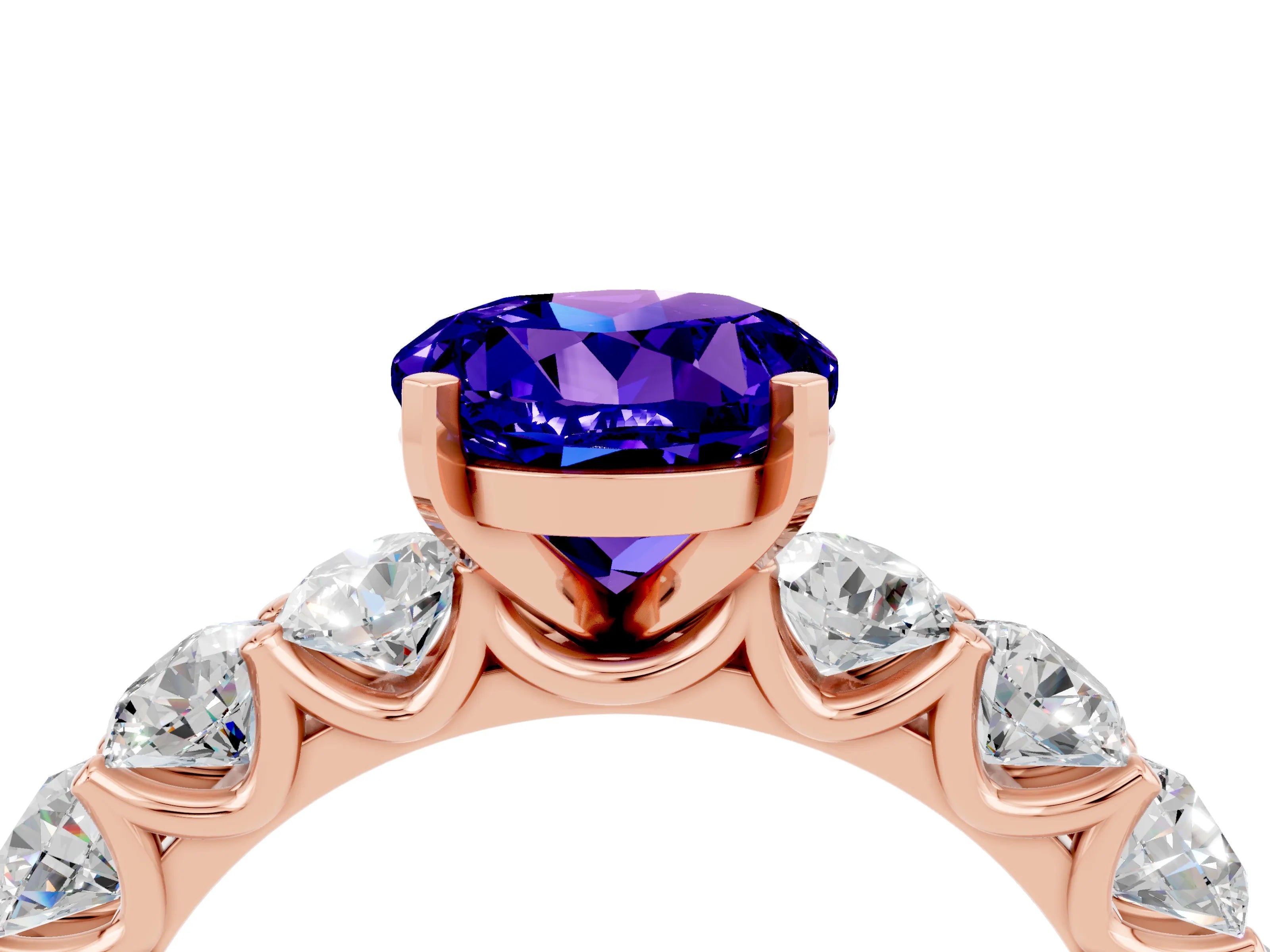 Rose gold Round Cut Tanzanite Prong Setting with Side Stones on a Pave Band_4