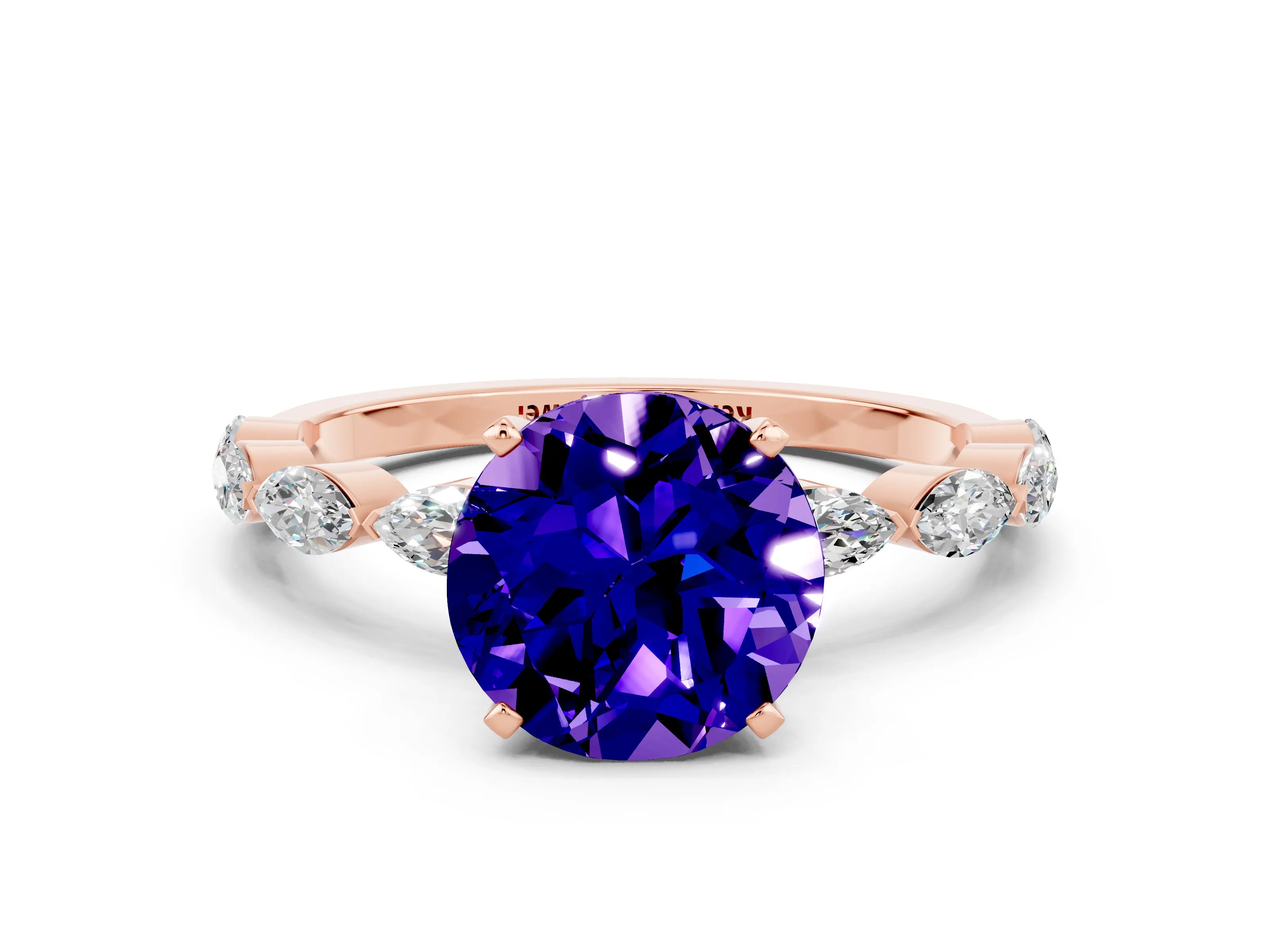Rose gold Round Cut Tanzanite Ring with Marquise Side Stones and Prong Setting