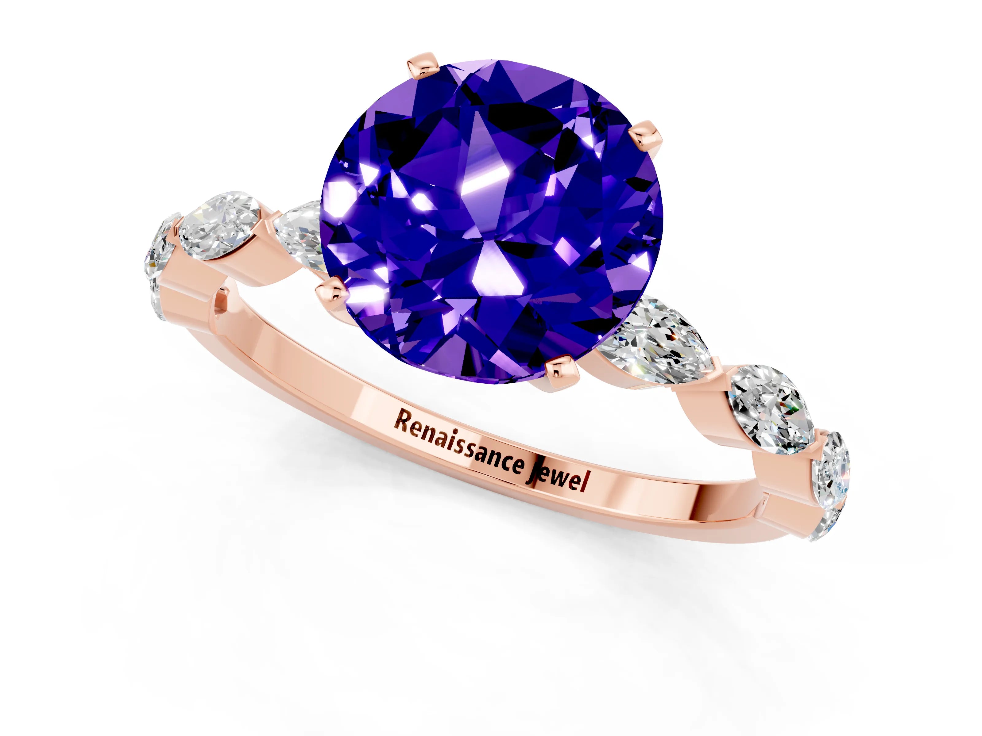 Rose gold Round Cut Tanzanite Ring with Marquise Side Stones and Prong Setting_1