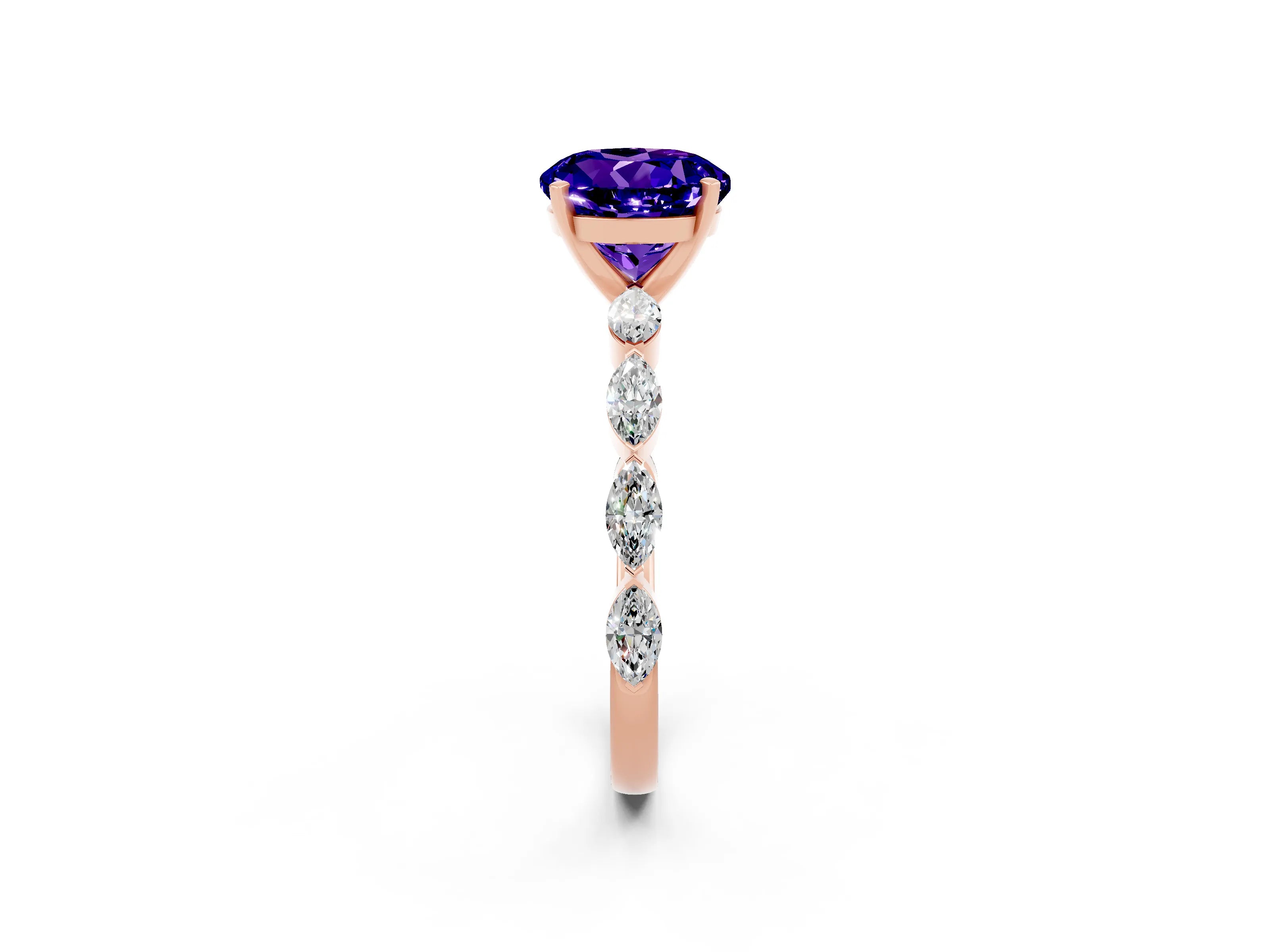 Rose gold Round Cut Tanzanite Ring with Marquise Side Stones and Prong Setting_2