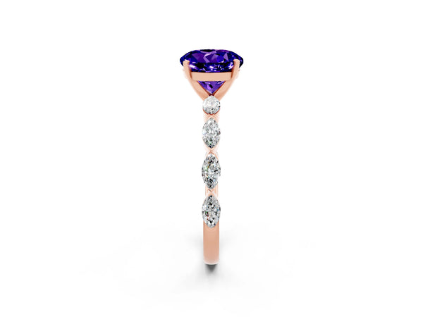 Rose gold Round Cut Tanzanite Ring with Marquise Side Stones and Prong Setting