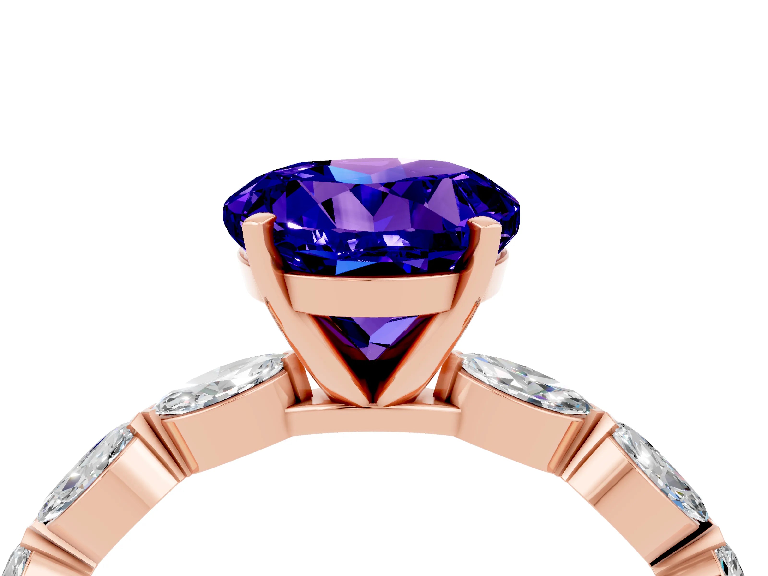 Rose gold Round Cut Tanzanite Ring with Marquise Side Stones and Prong Setting_4