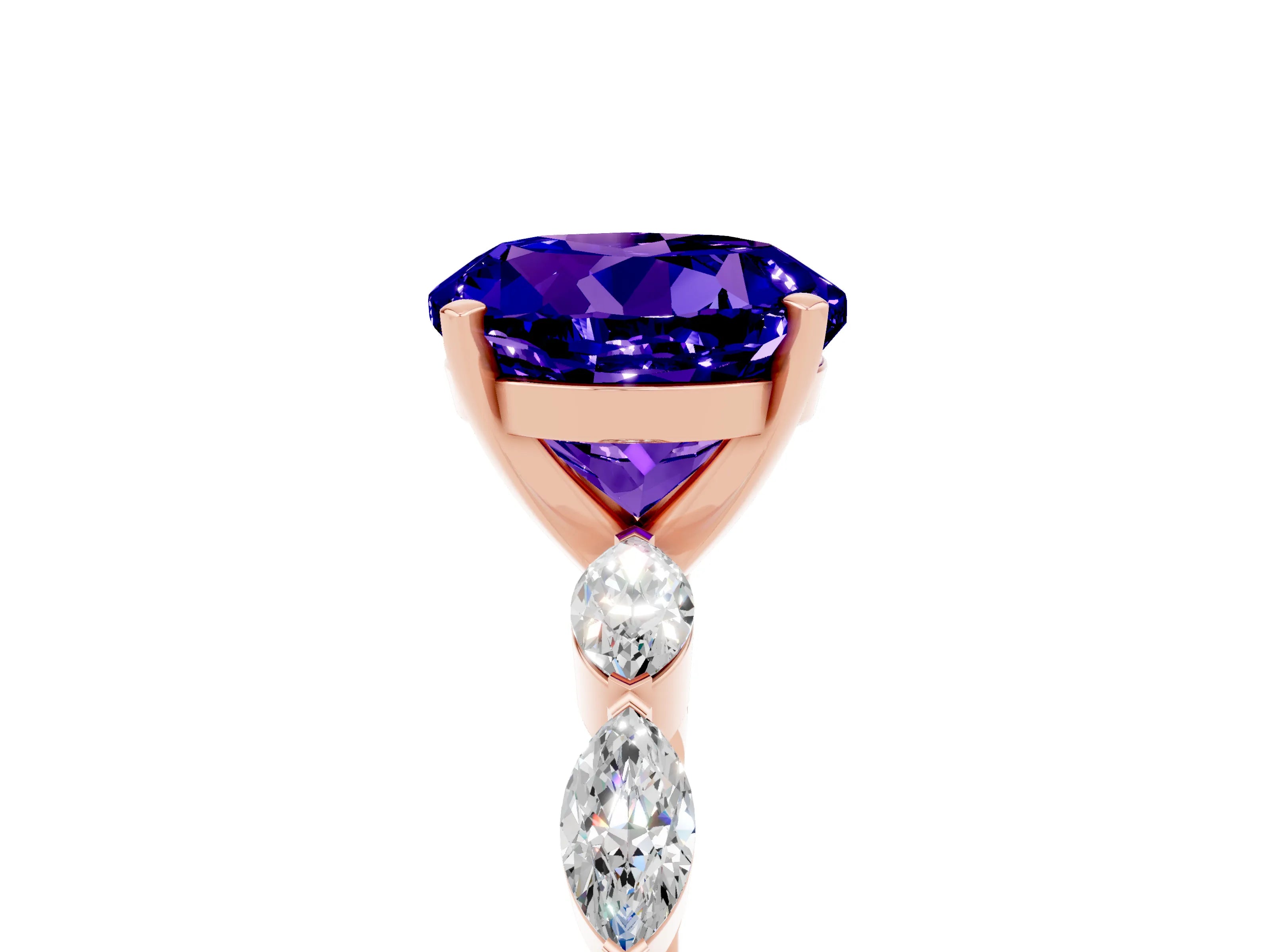 Rose gold Round Cut Tanzanite Ring with Marquise Side Stones and Prong Setting_5