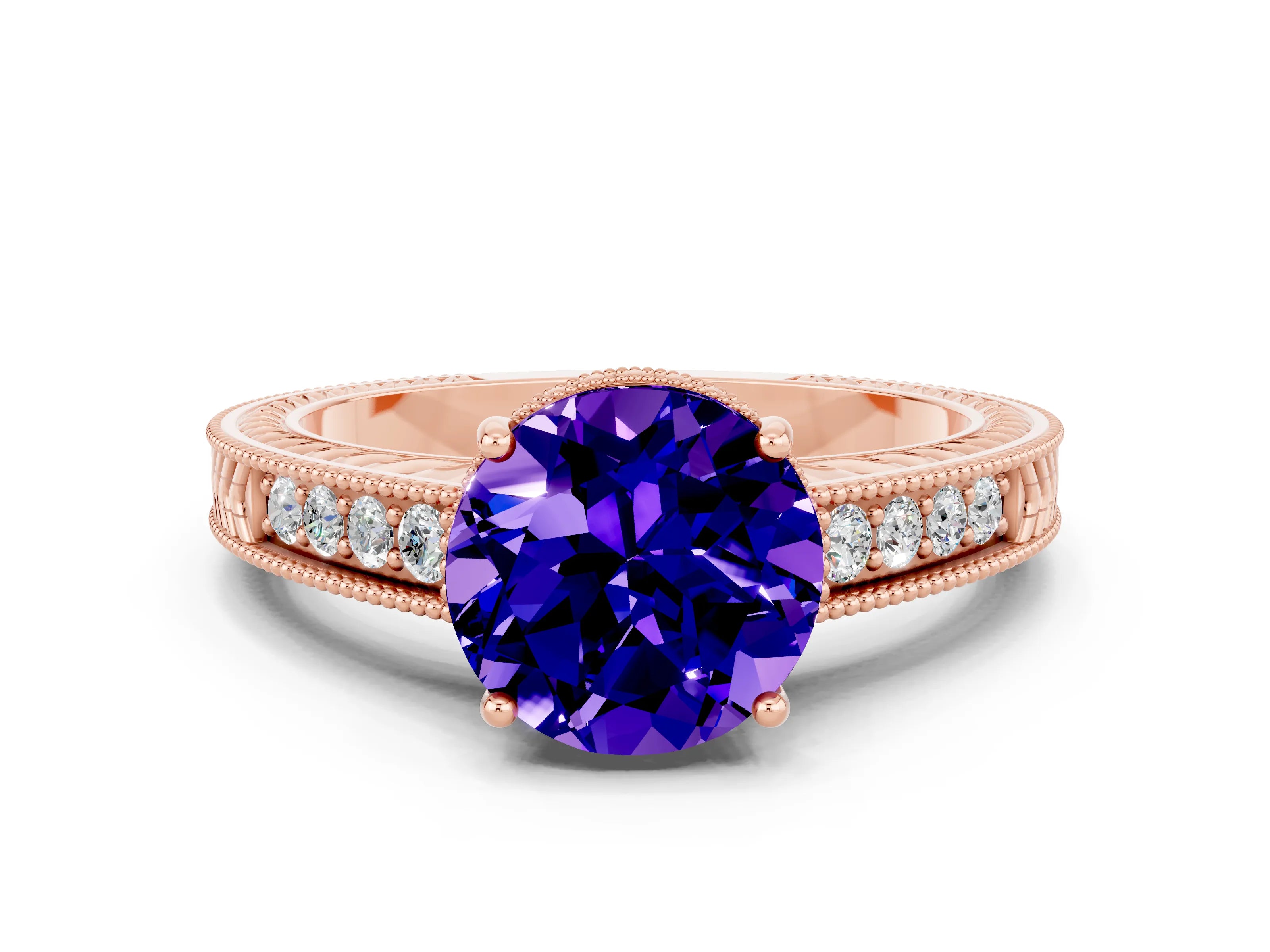 Rose gold Round Cut Tanzanite Ring with Milgrain Pavé Band and Four-Prong Setting_12