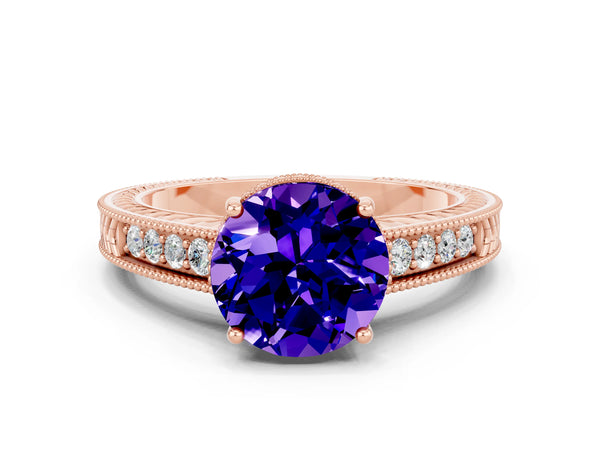 Rose gold Round Cut Tanzanite Ring with Milgrain Pavé Band and Four-Prong Setting