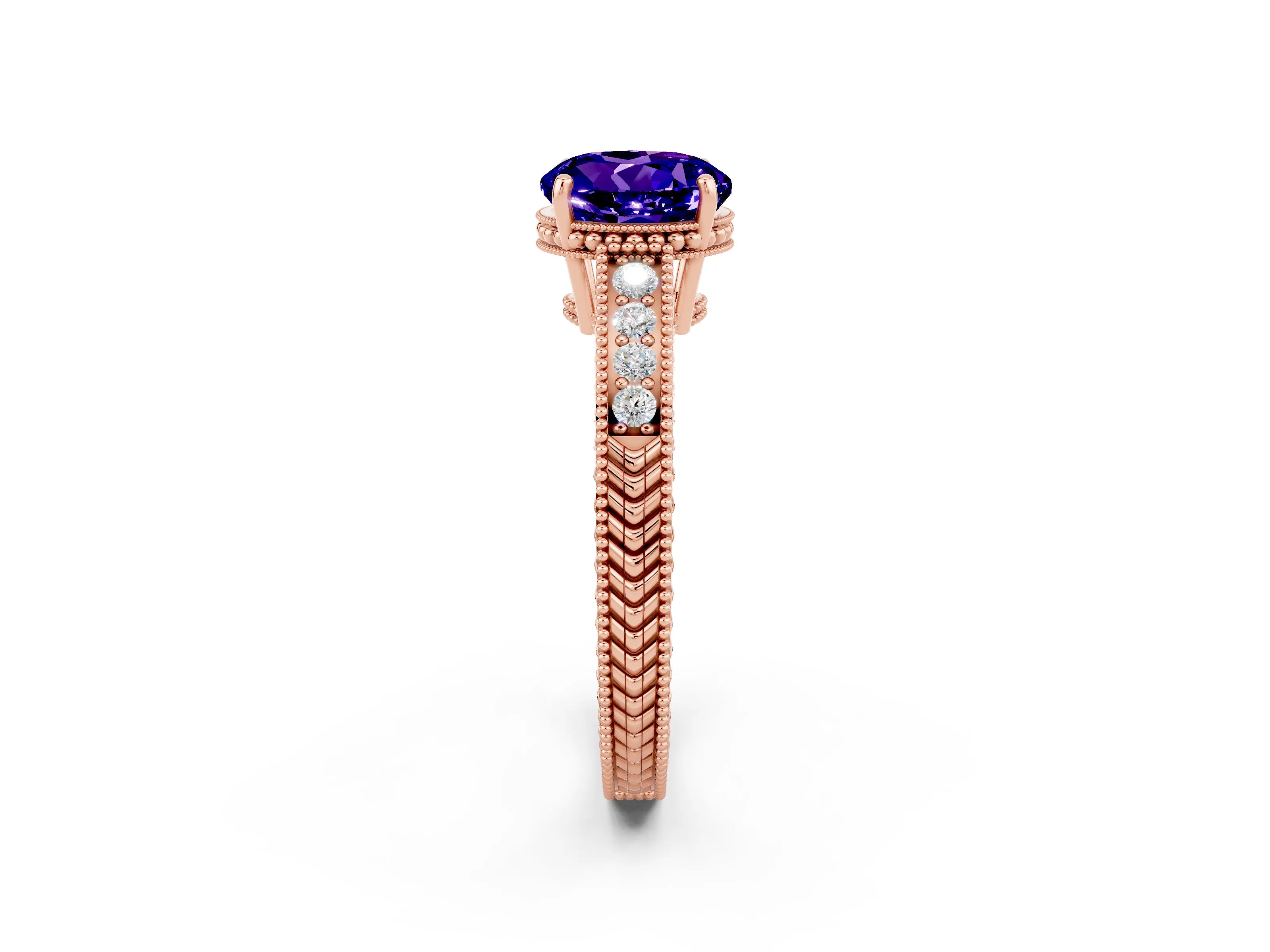 Rose gold Round Cut Tanzanite Ring with Milgrain Pavé Band and Four-Prong Setting_14