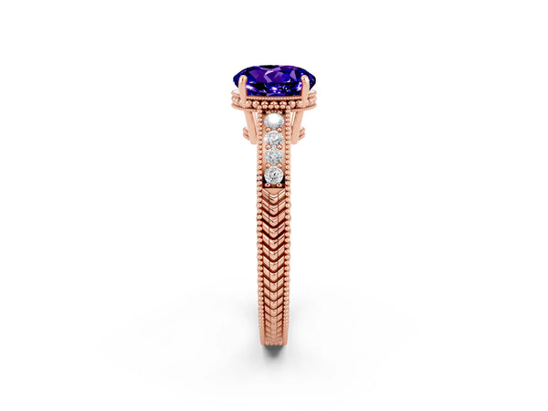 Rose gold Round Cut Tanzanite Ring with Milgrain Pavé Band and Four-Prong Setting