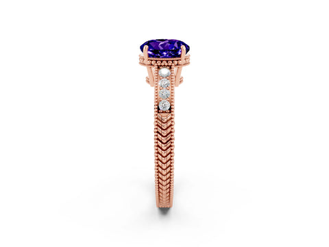 Rose gold Round Cut Tanzanite Ring with Milgrain Pavé Band and Four-Prong Setting_14