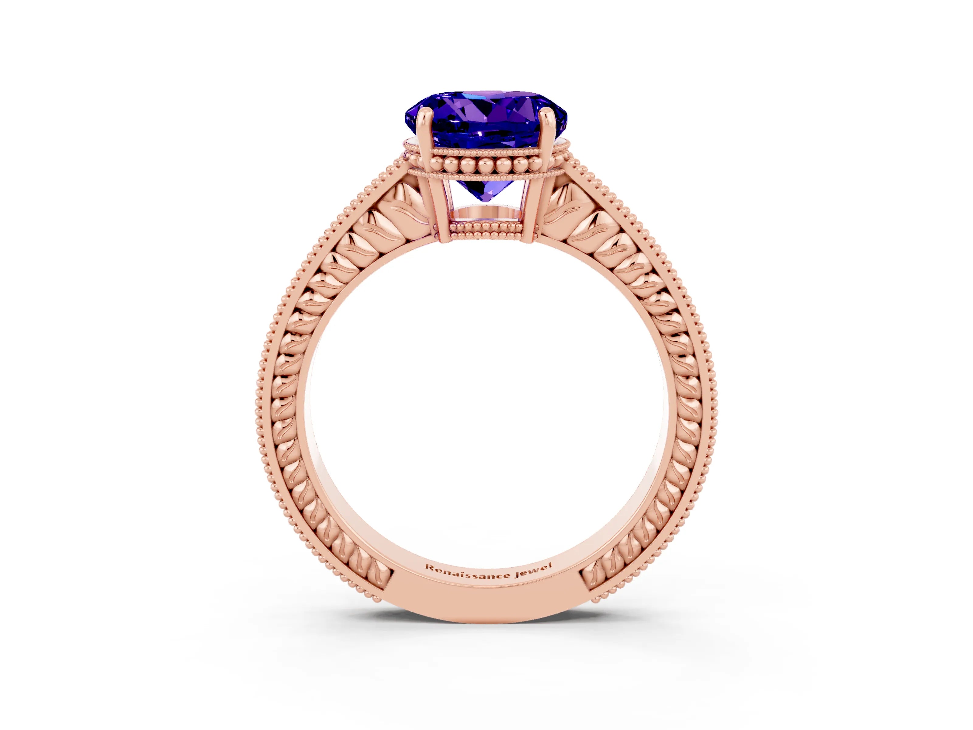 Rose gold Round Cut Tanzanite Ring with Milgrain Pavé Band and Four-Prong Setting_15