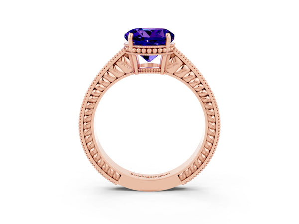 Rose gold Round Cut Tanzanite Ring with Milgrain Pavé Band and Four-Prong Setting