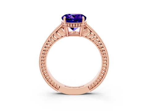 Rose gold Round Cut Tanzanite Ring with Milgrain Pavé Band and Four-Prong Setting_15