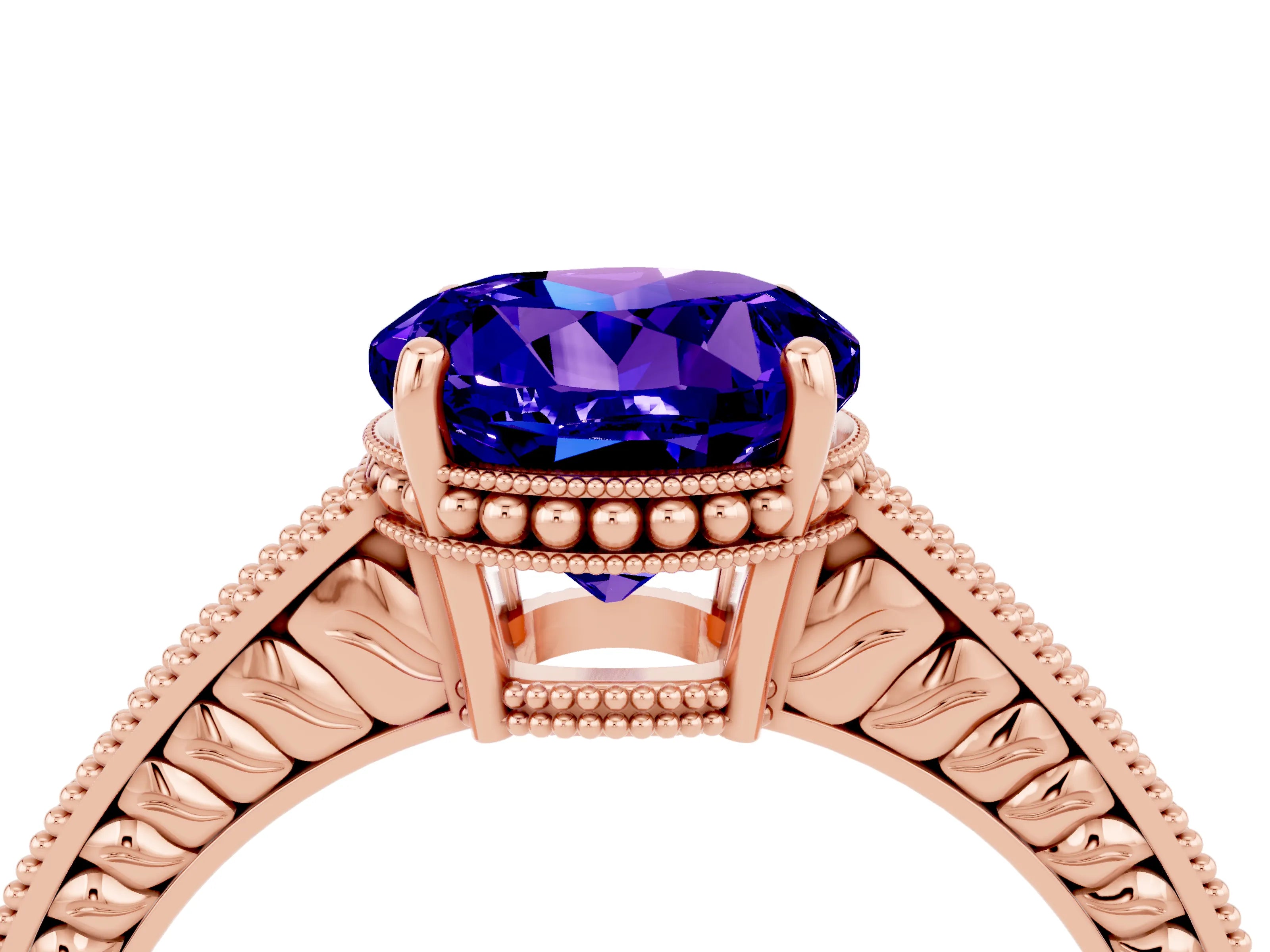 Rose gold Round Cut Tanzanite Ring with Milgrain Pavé Band and Four-Prong Setting_16